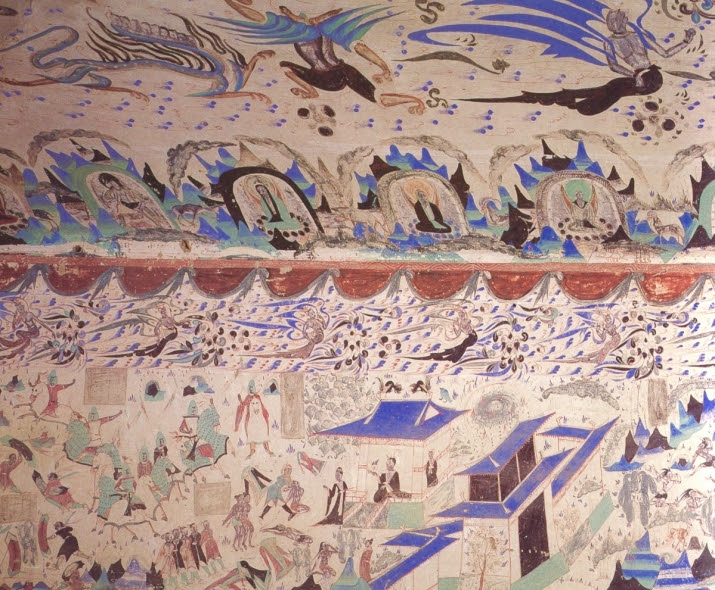 Feitian mural on the ceiling of a cave — celestial fairies soaring through the air with flowing ribbons, symbolizing divine grace and spiritual freedom in the Buddhist sacred realm (Photo: Dunhuang Academy. From Core of Culture).